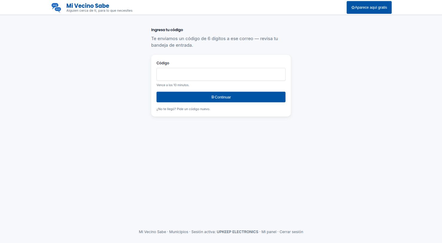 Pantalla para ingresar el código de 6 dígitos