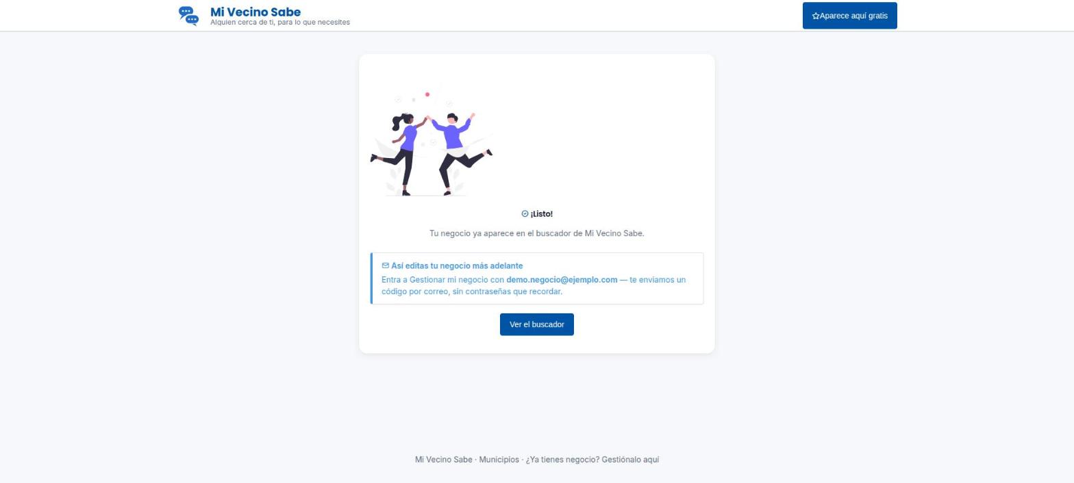 Pantalla de registro exitoso