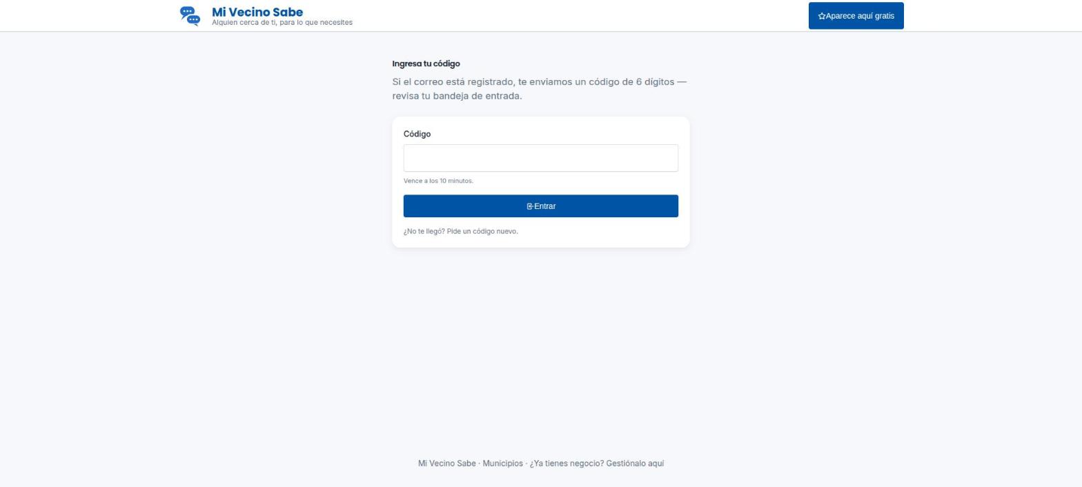 Pantalla de verificación de código para entrar al panel
