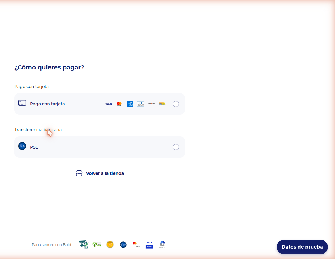 Selección de método de pago en Bold: tarjeta o PSE