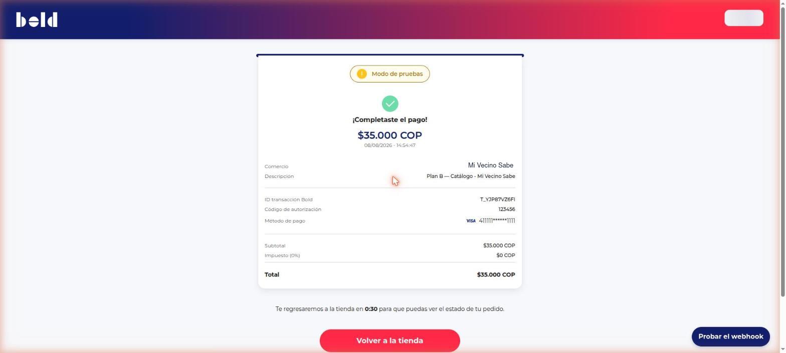 Comprobante de pago completado en Bold