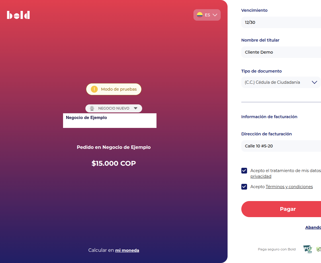 Formulario de pago con tarjeta lleno, con el nombre del negocio y el total del pedido