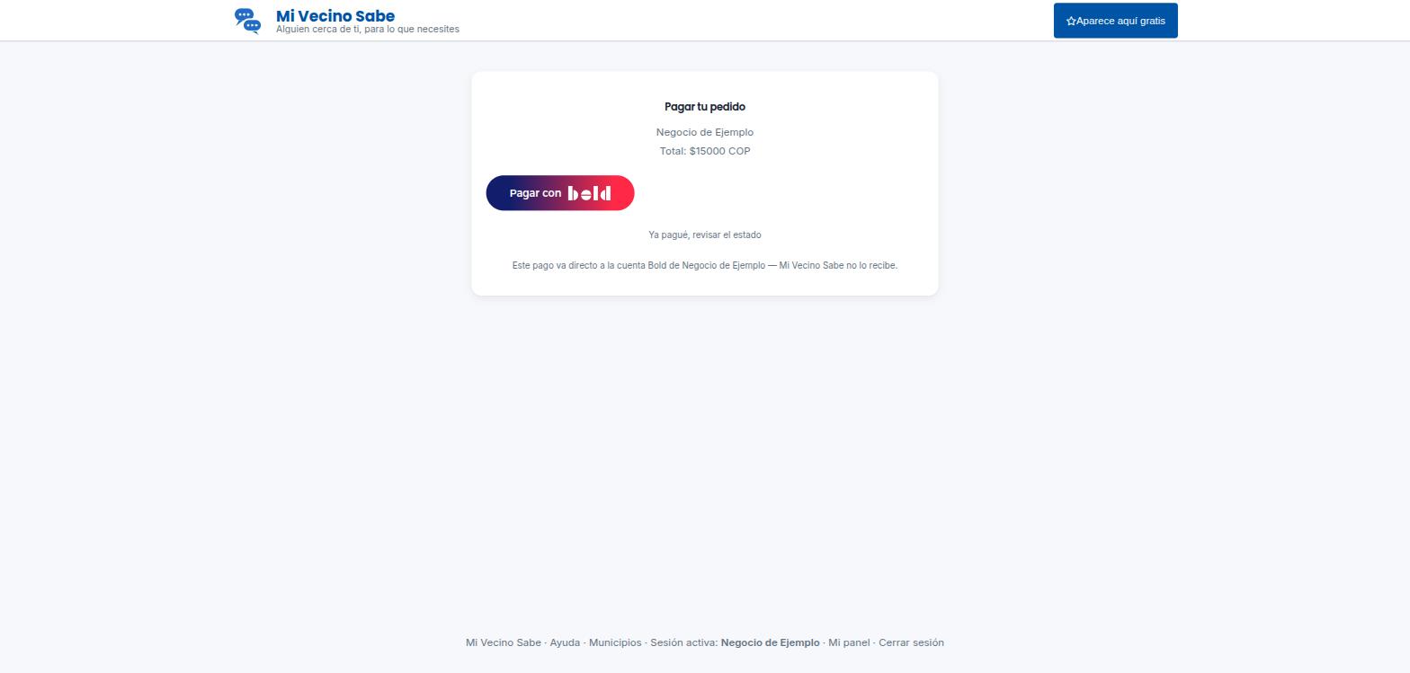 Pantalla con el botón embebido Pagar con Bold y aviso de que el dinero va directo al negocio