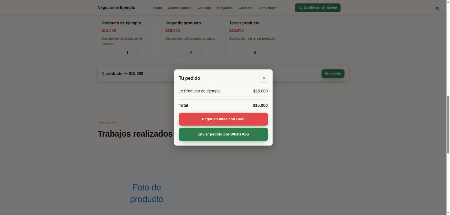 Modal del pedido con los botones Pagar en línea con Bold y Enviar pedido por WhatsApp