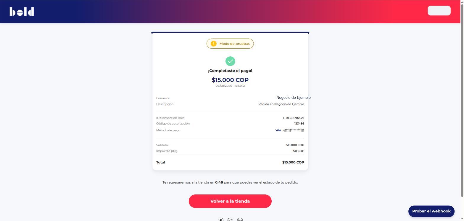 Comprobante de Bold con el pago del pedido completado